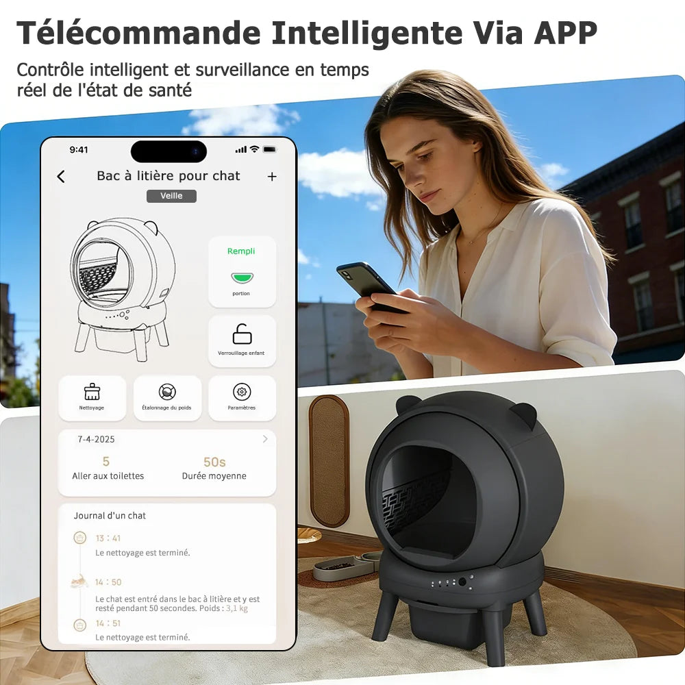 Bac à litière autonettoyant connecté 65 L pour chat