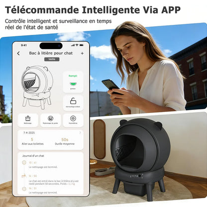 Bac à litière autonettoyant connecté 65 L pour chat